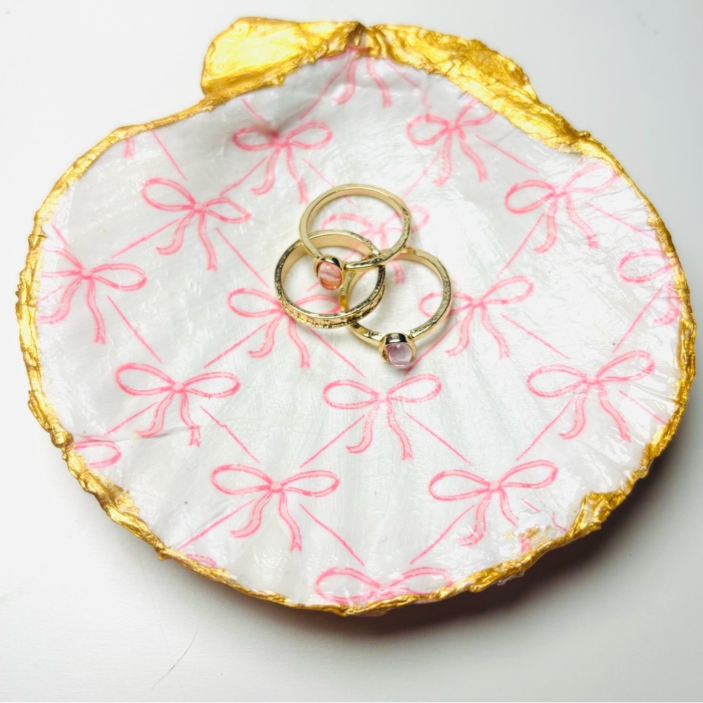 Handcrafted Coquette Shell Trinket Dish Dainty Pink bow Decoupage Design